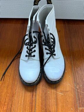 Dr. Martens White Leather Combat Boots with Black Laces